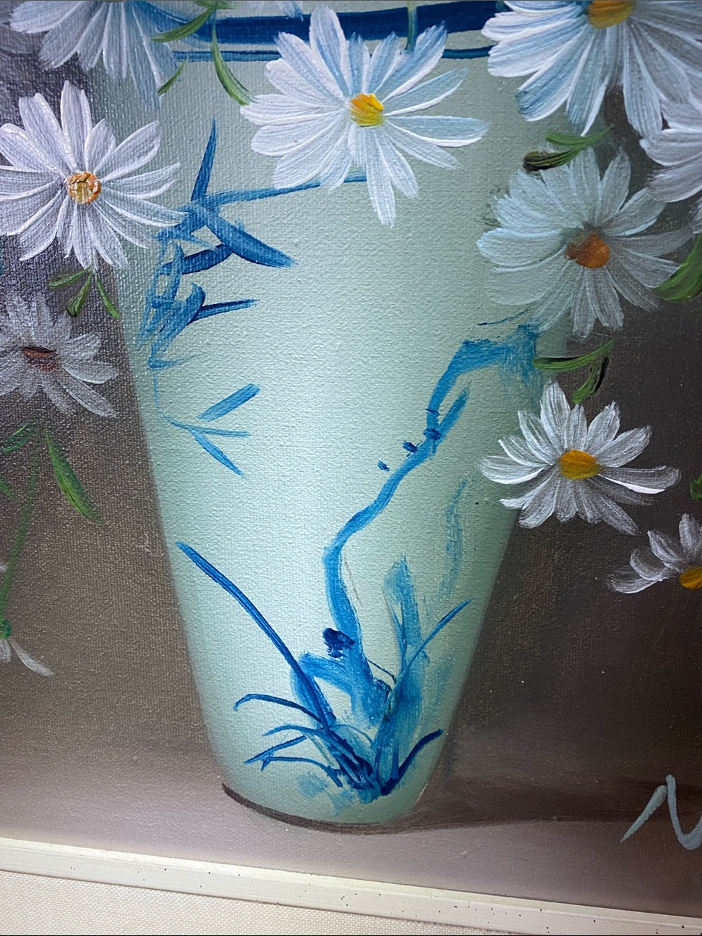 Nancy Lee Original Daisy Oil Painting Blue White Vase Mid Century Floral Art